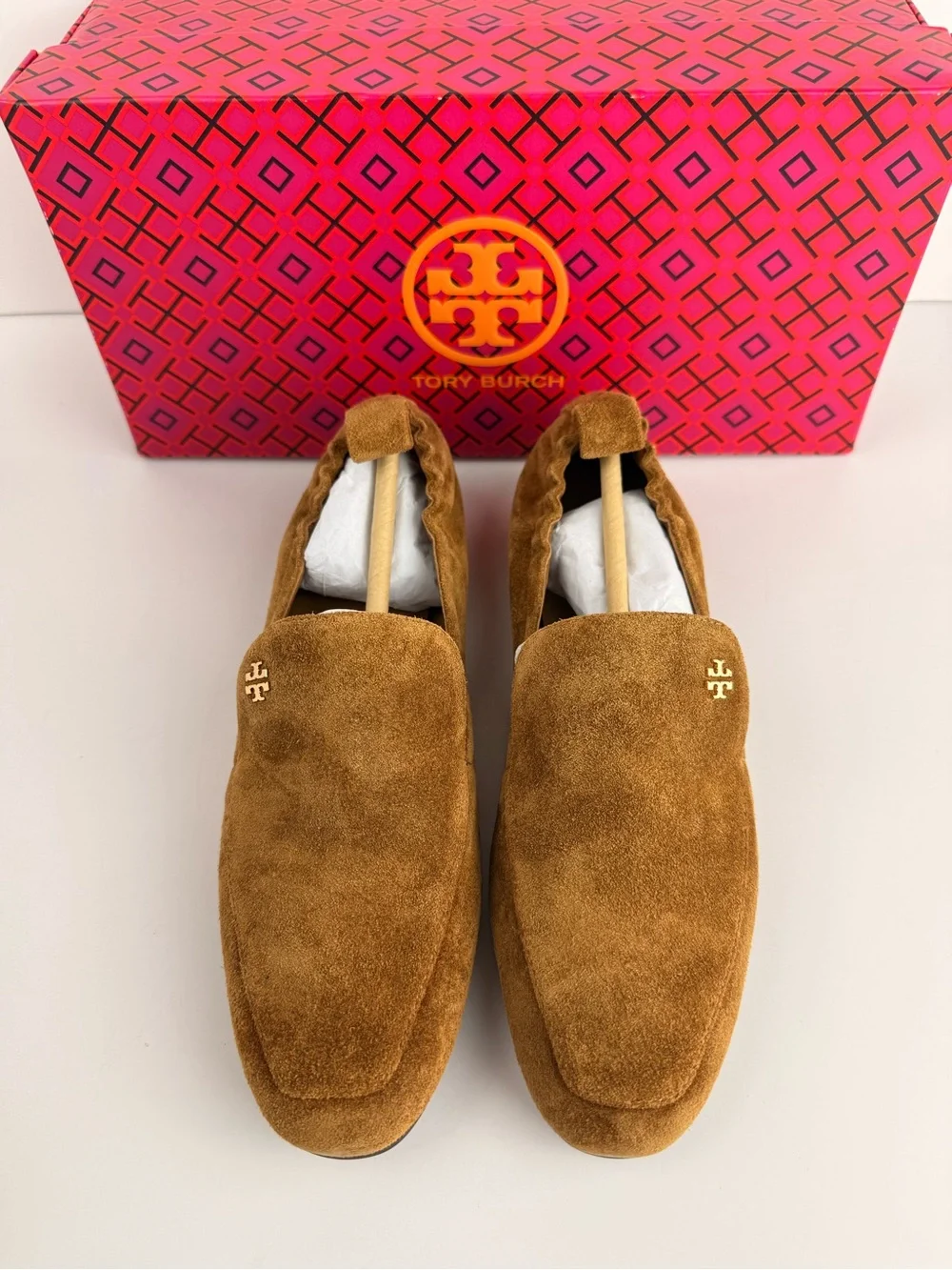 Tory Burch Kira 20mm Elastic Loafers Rhum Brown Suede Slip On Flats Size 6